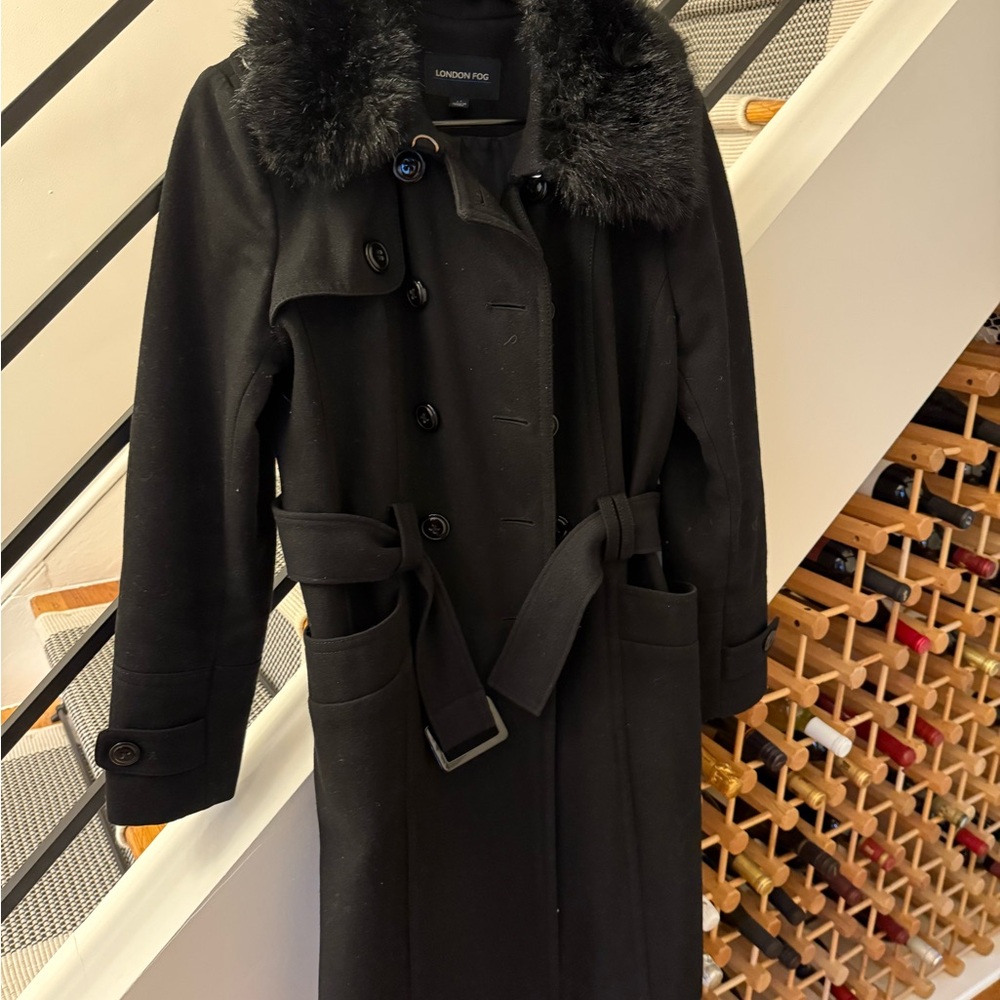 London Fog Black Pea Coat with Fur Collar and Belt